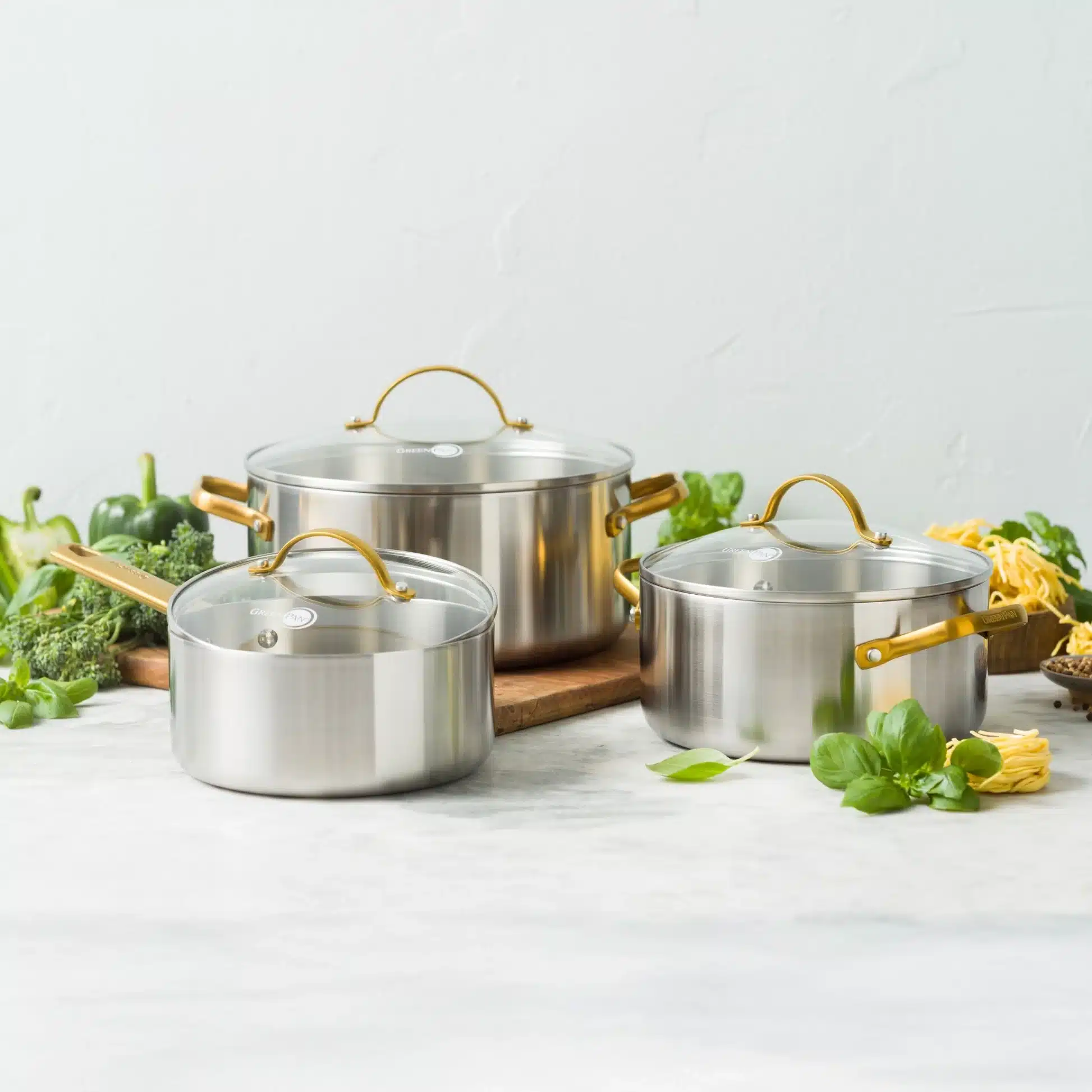 Greenpan Padova stainless steel 3 delige pannenset (6 delig wanneer je de deksels meetelt) - Afbeelding 2